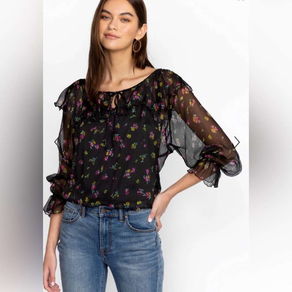 Johnny Was Jade Silk Floral Fernanda Blouse Peasant Top Black Size Large